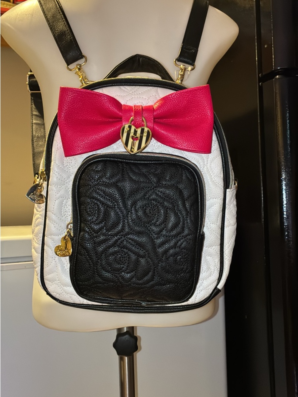 Betsey Johnson White Quilted Mini Backpack with Black Pocket and Hot Pink Bow